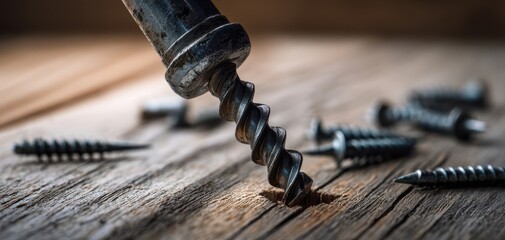 The Screw Piercing Rustic Wooden Surface Surrounded by Scattered Metal Fasteners