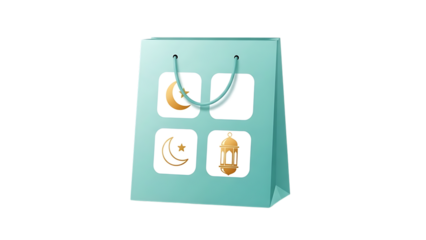 Ramadan and Eid Shopping Bag with Golden Crescent Moon, Star, and Lantern Icons on Teal Background Vector Illustration