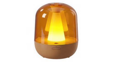 A contemporary table lamp with a wooden base and an ambient amber glow  isolated on transparent background
