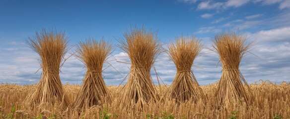 Fototapeta premium Golden bundles of harvested wheat stand proudly representing the rewards of hard work.