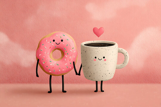Cute illustration of smiling pink donut and cozy coffee mug holding hands on pastel background with floating heart, romantic Valentine&rsquo;s Day concept, sweet love, bakery cafe mood, warm cozy vibes
