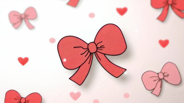 Colorful animated bows in various sizes and shades transition smoothly across a soft background with floating hearts creating a playful and whimsical visual experience for festive occasions and celebr