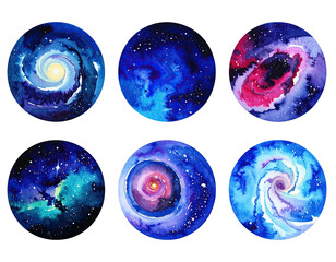 Fototapeta premium Six watercolor circular depictions of colorful galaxies and swirling nebulae