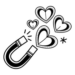Hand drawn illustration depicting a horseshoe magnet attracting several stylized hearts suggesting concepts of love attraction romance and connection