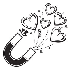 Black and white illustration depicting a powerful horseshoe magnet attracting numerous floating hearts symbolizing love and affection in a conceptual design