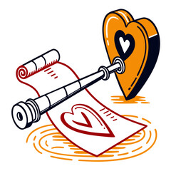 Vintage telescope focused precisely upon a dimensional golden heart shape suggesting love discovery or aiming for affection through an old written scroll document