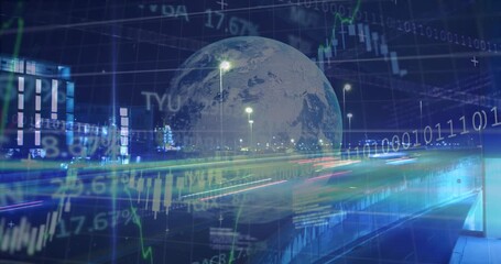 Animation of data processing and globe over cityscape - Powered by Adobe