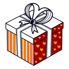 Isometric line art illustration of a beautifully wrapped square gift box tied with a large elegant bow perfect for celebrations and special romantic occasions