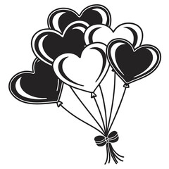 Black and white stylized illustration featuring a beautiful cluster of heart shaped balloons tied together with a decorative bow design element