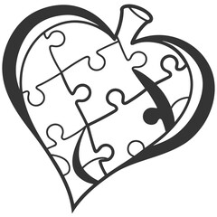 Stylized heart shape formed by interlocking puzzle pieces with a decorative stem element suggesting a unified whole or perfect match concept.