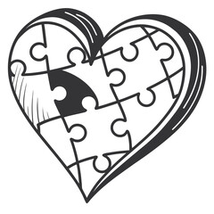 Hand drawn black and white heart shape ingeniously constructed from interlocking puzzle pieces symbolizing connection understanding and love
