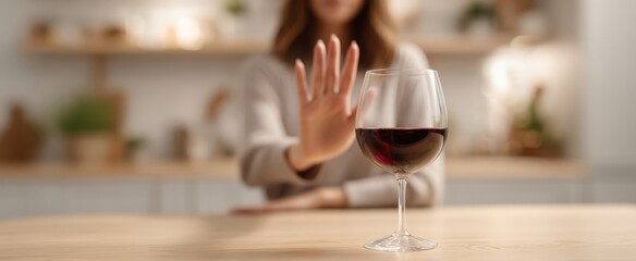 The wine glass left on countertop as woman refuses drink with outstretched hand