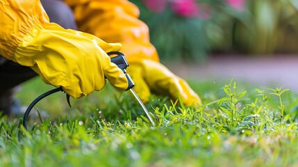 Expert applying pest control treatment on lush green lawn for optimal pest management solutions