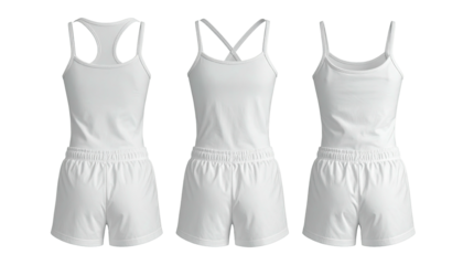 Three views of white athletic romper apparel on a transparent background