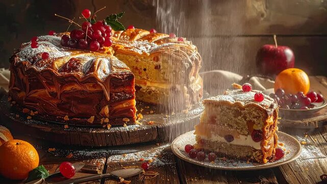 Delicious homemade cake with fresh fruits and powdered sugar on a rustic table.