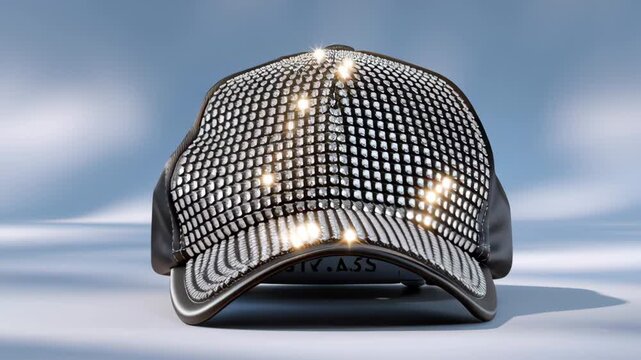 Shimmering cap with rhinestones showcased from multiple angles highlighting intricate details and sparkling embellishments, emphasizing craftsmanship and design in a stylish presentation for fashion e