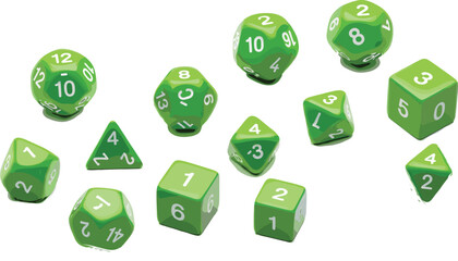 Green polyhedral dice vector illustration set with tabletop gaming dice, role playing game elements, and numbered cubes isolated © MdShakib