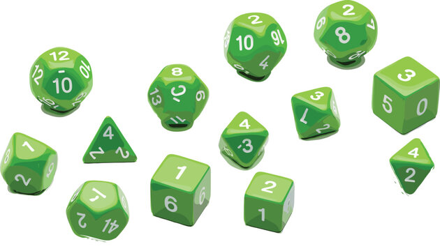 Green polyhedral dice vector illustration set with tabletop gaming dice, role playing game elements, and numbered cubes isolated