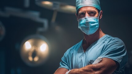 Surgeon stands in operating room preparing for surgery in a hospital setting during the day with bright surgical lights