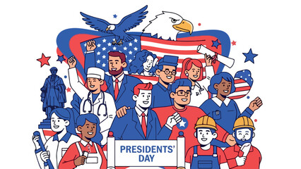Diverse group of people celebrating Presidents Day with patriotic symbols 1.