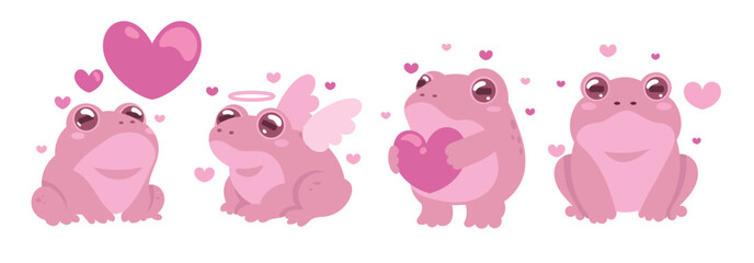 Cute Pink Frog Clipart Set with Hearts &ndash; Valentine Cartoon Animal