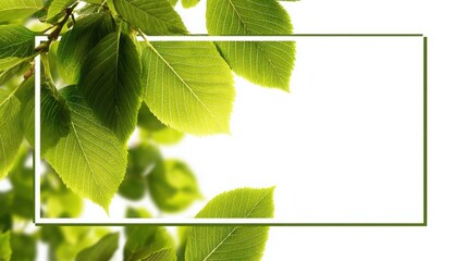 Flat lay of lush green tropical leaves with a white rectangular frame overlay, perfect for eco-themed design or nature backgrounds.