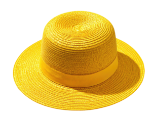 Bright yellow sun hat, wide brim, with band, on black background