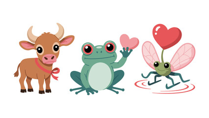 Naklejka premium Cute Cartoon Animal Set: A charming ensemble of animated animals, including a bull, a frog, and a fly. The set is perfect for various design purposes, such as print, children's books and so on.