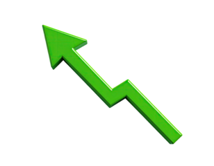 Bright green upward-pointing arrow on black. Business, growth, success, concept