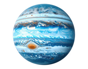 A swirling blue planet with bands of color and a large, red spot