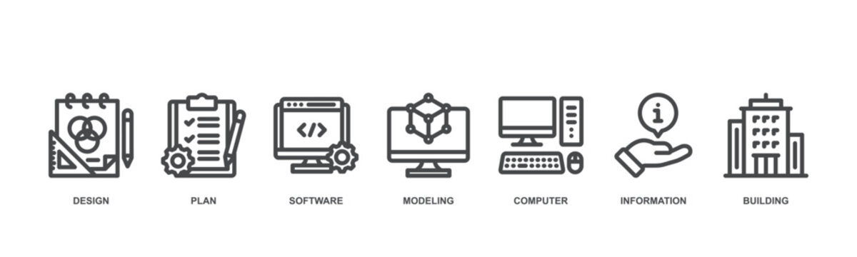 Building Information Modeling (BIM) concept icon illustration contain design, plan, software, modeling, computer, information and building.