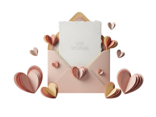 A pink envelope with a white card and hearts floating around it isolated on transparent background