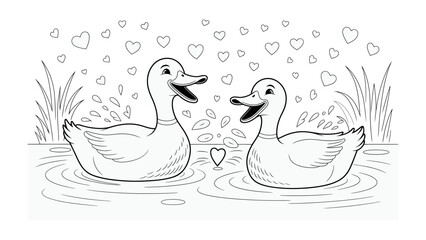 Obraz premium Ducklings in Love: Two adorable ducklings share a tender moment amidst a cascade of hearts, embodying the spirit of Valentine's Day.