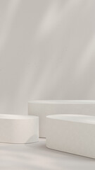 Off-white 3D podium background featuring smooth curved platforms and soft studio light, suitable for product mockups, cosmetic and skincare branding, packaging layouts, and clean modern advertising.