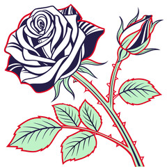 Stylized graphic illustration featuring a fully bloomed dark rose next to an unopened bud on a thorny green stem with attached leaves