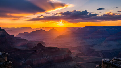 Dramatic grand canyon sunset with vibrant sky and stunning light rays over vast landscape