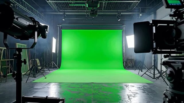 Professional photography studio setup with green screen backdrop and lighting equipment.