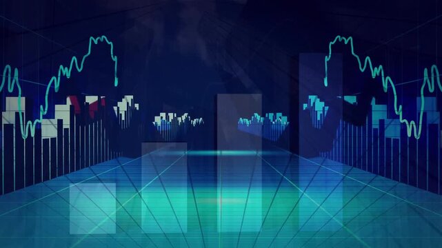 Animation of financial graphs and arrows on blue and navy background