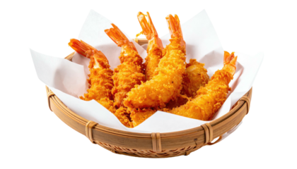 Golden fried crustaceans in a woven basket, resting on white paper