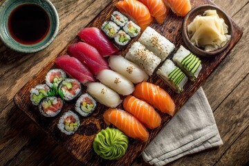 Vibrant Japanese sushi collection arranged on natural wood for elegant dining