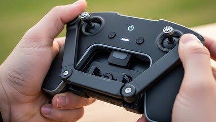 Close-up of hands holding a modern drone remote control with illuminated power button