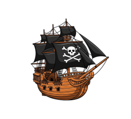 Wooden Pirate Ship With Black Sails And Jolly Roger Flag On White Background