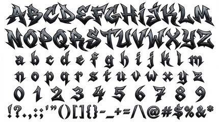 Obraz premium font alphabet in sharp graffiti style from a to z numbers punctuation isolated on white background