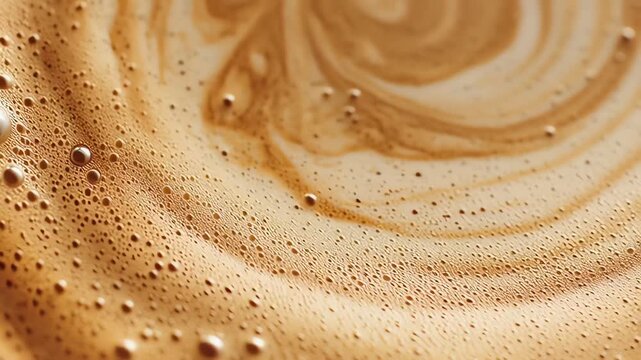 Close-up of swirling coffee foam with bubbles on a creamy brown surface.