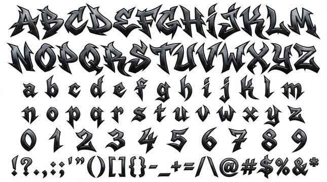 font alphabet in sharp graffiti style from a to z numbers punctuation isolated on white background