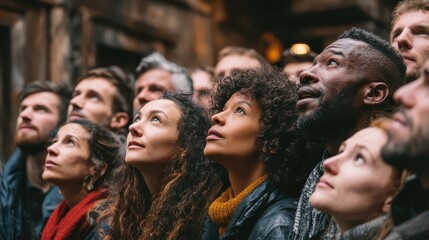 Obraz premium Group of people looking up at a performance in a historical building during the evening in a city