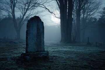 Weathered tombstone in a moonlit cemetery shrouded in fog and night