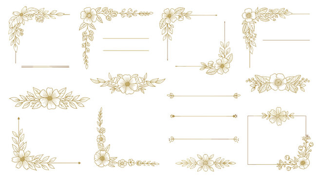 Elegant set of golden floral wedding frame elements including corners dividers and borders with a delicate hand-drawn style.