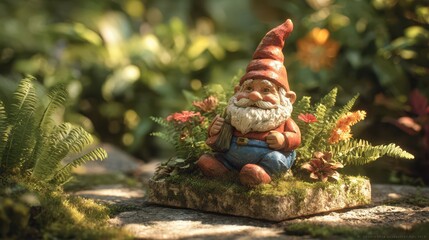 Whimsical ceramic garden gnome resting on a mossy pedestal in a tranquil outdoor scene