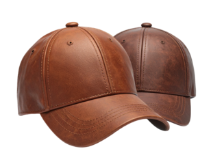 Two brown leather baseball caps displayed against a dark background